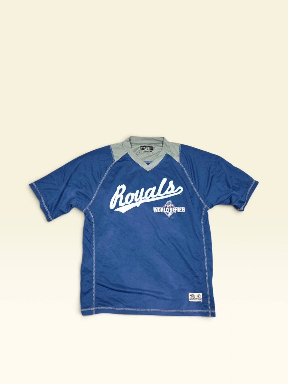 Kansas City Royals World Series Jersey Shirt Mens Large Blue Grey V-Neck MLB